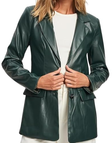 TRESSANO Giacca da donna in pelle di agnello a 2 bottoni, stile casual, a maniche lunghe, in pelle, Verde, Large