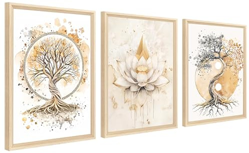 3Pcs Cadre en bois Impression sur Toile Arbre de vie Yin Yang Tableau Peinture Bouddhisme Zen Fleur de Lotus Beige Tableau Decoration Murale Salon Chambre Maison 30x40cm x3pcs (Pas de plexiglas)