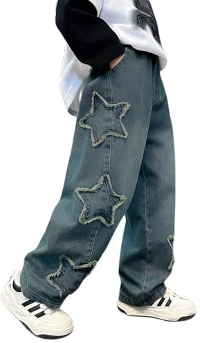 JiAmy Boys Baggy Jeans Elasticated Waist Kids Cargo Wide Leg Jeans with Multipockets Skater Y2k Unisex Streetwear Denim Trousers for 7-8 Years Blue