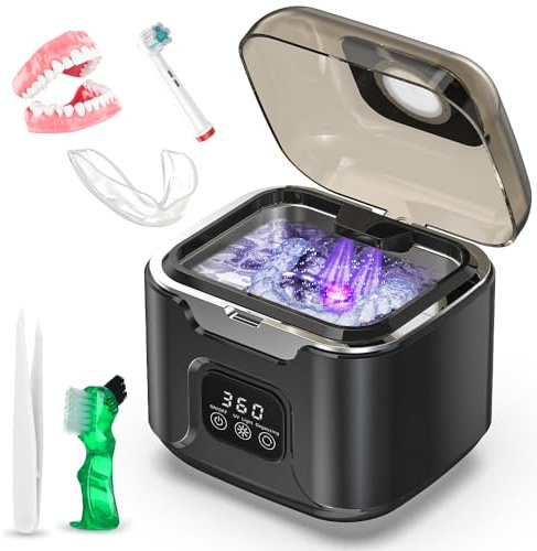 OVIMAZ Ultrasonic Retainer Cleaner Machine, Portable 48kHz Dental Retainer Cleaner with 240ml Capacity, Digital Mouth Guard Cleaner with Timer for Denture Aligner Jewelry and Makeup Tools (Black)