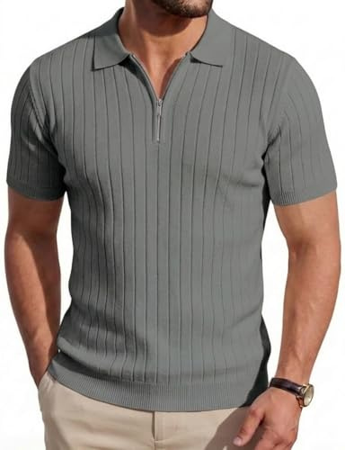Focixfor Men's Polo Shirts Zip Knitted Short Sleeve Stretch Vertical Striped Golf Casual Tshirt Grey M