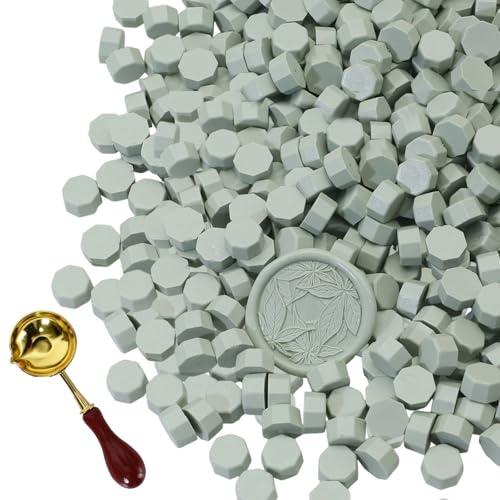 300 Perles de Cire à Cacheter Octogonales avec Cuillère de Fusion - Lot de Sceaux de Cire pour Tampon,Lettres,Invitations,Cartes,Enveloppes,Emballage Cadeau,Mariage,Loisirs Créatifs (Vert Sauge)