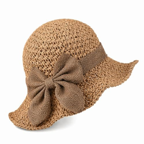 Youkly Women's Foldable Straw Sun Hat, Wide Brim UV Protection Beach Hat with Bowknot, Breathable Packable Summer Bucket Hat for Travel Holiday Outdoor (Khaki)