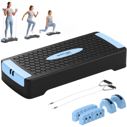 SPORTNOW Step board fitness hauteur réglable, 2 niveaux (11/16 cm), bleu | Stepper aérobic, 2 bandes résistance, tapis antidérapant, banc step antidérapant, pour maison, salle sport, bureau.