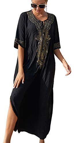 YouKD sommar bomull broderad blommig lös kaftan boho strand bikini övertäckningsklänning storstorlek morgonrock för kvinnor, Svart 1, en storlek