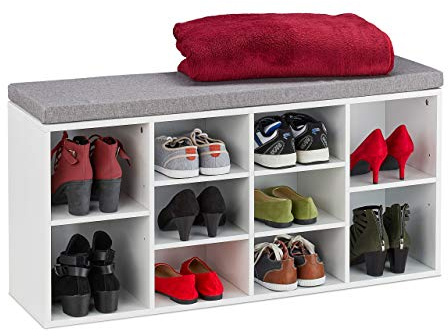 Relaxdays Schuhbank mit Sitzfläche, 10 Fächer, HBT: 52,5 x 104 x 30 cm, Garderobenbank, gepolsterte Sitzbank Flur, weiß