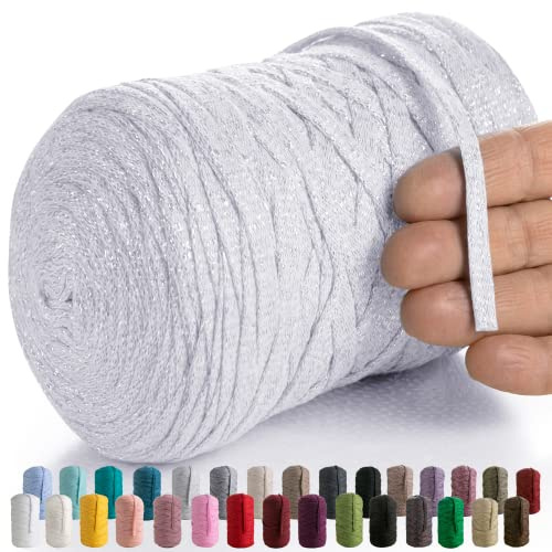 MeriWoolArt® Macrame Cotton Yarn for Crochet and Knitting - Glitter Flat T-Shirt Band, 125 m - 10 mm, Recycled Cotton with Lurex (White)
