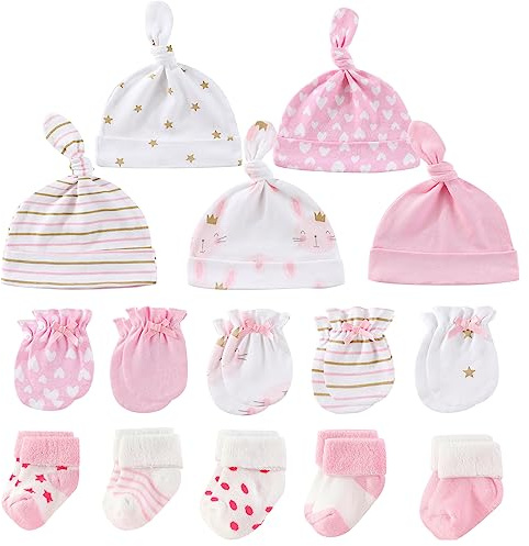 MAMIMAKA Baby pojkar kepsar vantar och tjocka varma strumpor bomull nyfödda nödvändigheter tillbehör (hattar + handskar + frottéstrumpor), 0-6 månader, Hpgmsk-21 Rosa/Vit, 0-6 Månader