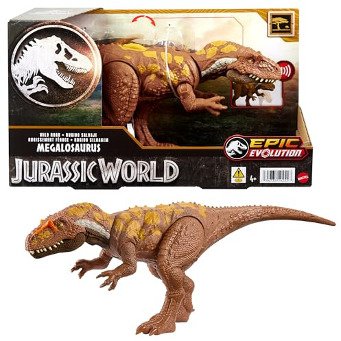 Mattel Jurassic World Wild Roar Megalosaurus Dinosaur Figure with Continuing Roar Sound & Attack Action, Posable Physical Toy & Digital Play, HTK73