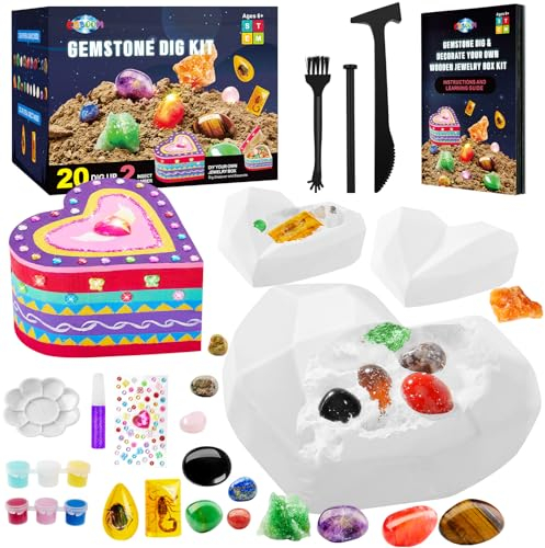 CGBOOM Ausgrabungs-Set, mit Herzförmiges Schatzkästchen aus Holz zum Selbermachen - echte Edelsteine und Bernsteine ausgraben, eine eigene Holzkiste verzieren, als Bastelgeschenk für Kinder