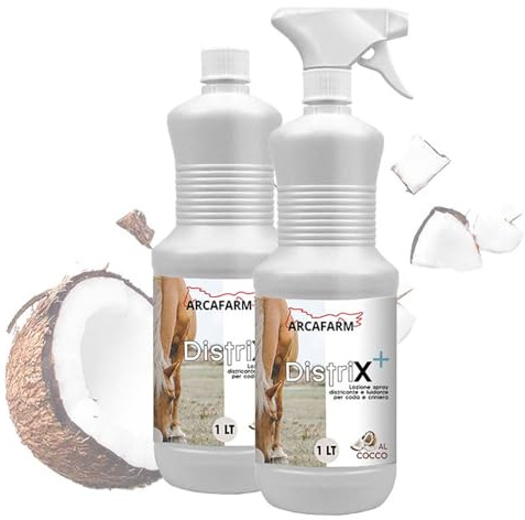 2 Pezzi Spray Districante Naturale per Cavalli 1 lt Distrix al COCCO, Lucidante Coda Criniera Manto, Detergente Pulizia Pelo rimuovi sporco, lozione a secco nodi manto morbido 100% Made in Italy