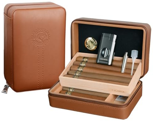 Volenx 10-Finger Cigar Travel Humidor Cigar Case with Triple Flame Cigar Lighter, Leather Cigar Box with Round Humidifier, Cigar Punch and Dropper, Cedar Wood Humidor Cigar Box Gift Box Storage Box