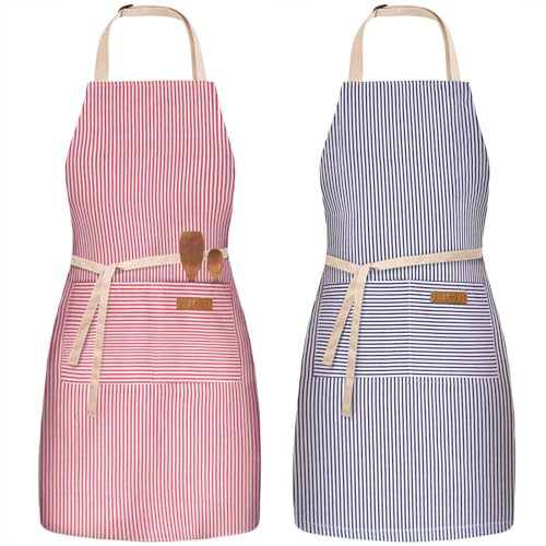 BeLuyi 2 Pack Adjustable Bib Apron with 2 Pockets Chef Cooking Kitchen Restaurant Aprons for Women Men (Blue/Red Pinstripes)