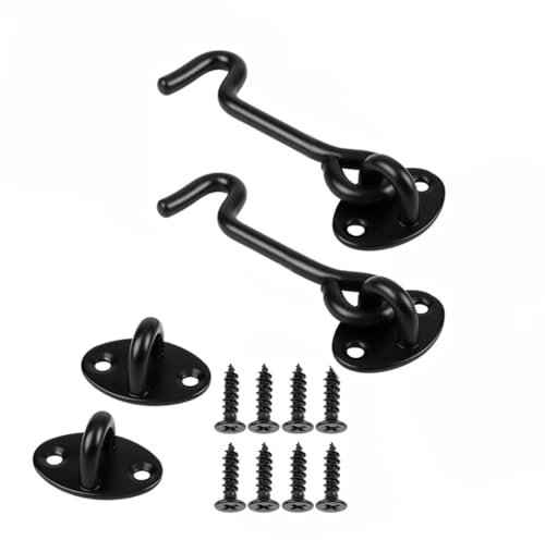 2Pcs Hook and Eye Latch - 3 Inch Black Cabin Hook, Stainless Steel Gate Latch, Heavy Duty Cabinet Latches with Mounting Screws, Eye Latch Swivel Window Hook for Sliding Door, Bathroom (Black)