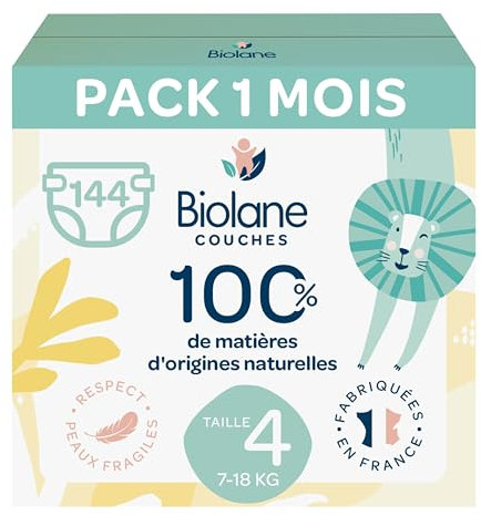 BIOLANE - Couches bébé taille 4 - (7-18 kg) - Peaux Sensibles - Ultra-Absorbant, Pas de Fuite, jusqu'à 12h au Sec - Confort & Protection - Pack 1 mois 144 couches - Fabriqué en France