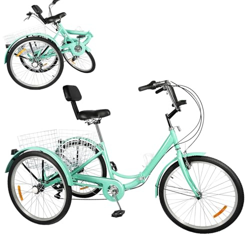 VonVVer Vikbar trehjuling för vuxna 24 tum 7 växlar – 3 hjul cykel justerbar höjd trehjuling med inköpskorg upp till 120 kg lastkapacitet Trike Bike cykling och äldre (grön)