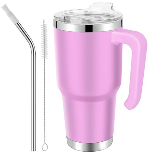 EQARD Mug Isotherme Cafe avec Paille Poignée Tasse de Voyage avec Couvercle étanche Gobelet Inox avec Tube Brosse Thermos Cafés pour Chaud ou Glacé Tous Sans BPA (Rose, 30oz Couvercle à Vis)