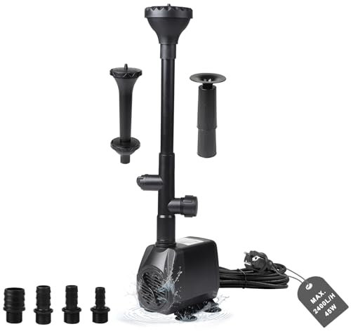 EXLECO Teichpumpe Springbrunnenpumpe Außen 2500L/H Wasserpumpe Bachlaufpumpe 45W Fontäne Pumpe Aquariumpumpe Filterpumpe Brunnen Pumpe mit 4 Düse 5M Kabel 3 Fontänenstile für Teichbecken Steingarten