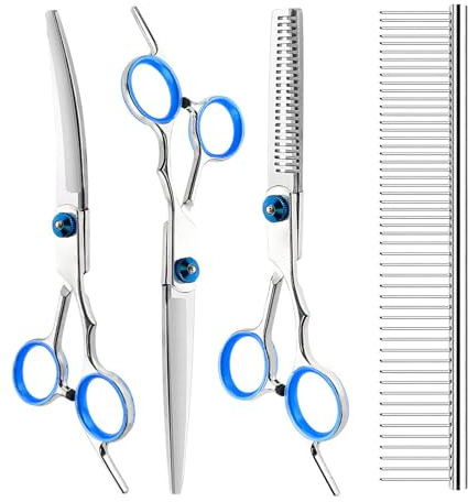GIEEU Lot de 4 ciseaux de toilettage pour chien avec pointes rondes de sécurité, ciseaux de toilettage professionnels en acier inoxydable, bleu