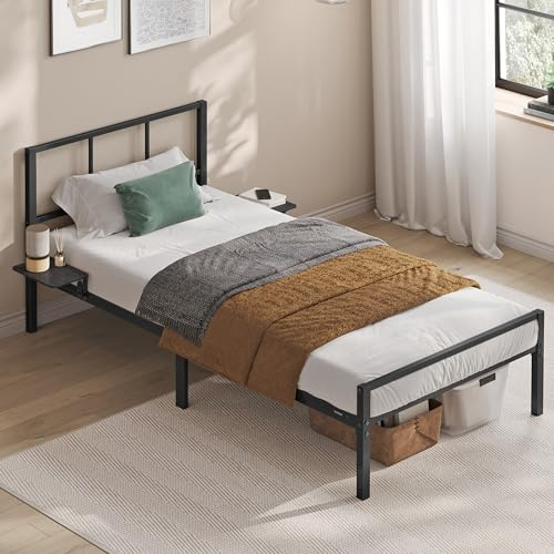 VASAGLE Einzelbettgestell, Bett, passend für 90 x 200 cm Matratze, Metallbett, Bettrahmen, mit Kopfteil, modern, mit Aufbewahrungsregalen, Gästebett, für Teenager, tintenschwarz RMB192BD01