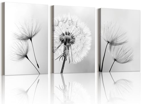 WENGTIAO 3 Pezzi Stampa su Tela Denti di Leone in Bianco e Nero Incorniciato, Quadro su Tela Minimaliste Floreale Pittura Quadri Moderni Soggiorno Camera da Letto Decorazioni Parete 30x40cmx3
