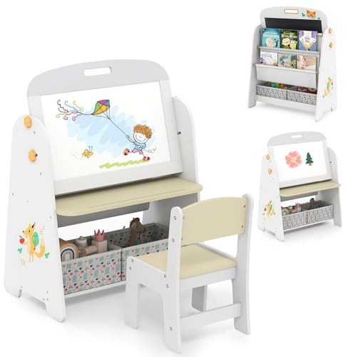 HOMASIS 4 en 1 Ensemble de Table Artistique pour Enfants avec Chaise, Bureau,Tableau Magnétique,Tableau Noir et Etagère,Trépied Réglable en Angle et Craies pour 3 Ans et+ (Naturel)