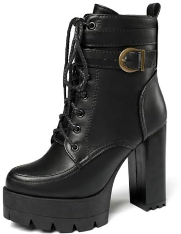 JZWBLDS Stivaletti Donna con Lacci e Plateau, Stivale Alto con Tacco a Blocco per Autunno e Inverno,Nero,43 EU