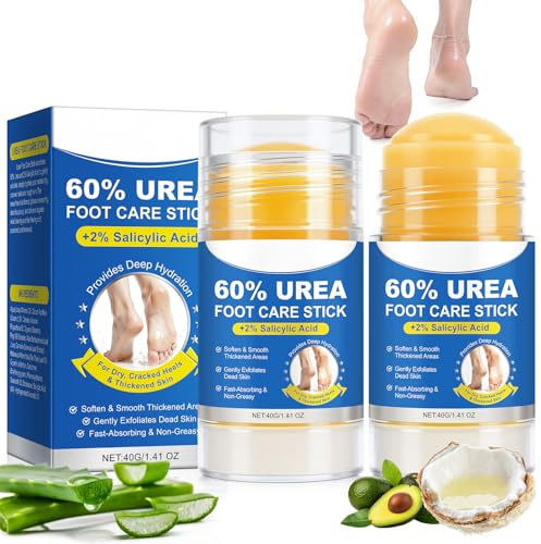 Urea Foot Cream Stick 60% with 2% Salicylic Acid - Foot Cream for Cracked Heels and Dry Skin, Deep Moisturizing Foot Care Heel Balm, Callus Remover, Fast Absorbing & Non-Greasy Heel Repair (2 Pack)