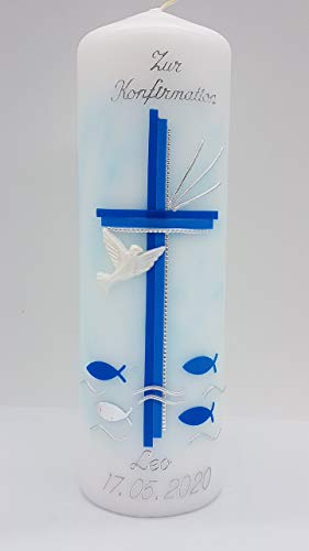 Konfirmationskerze K-04 in vers. Farben inkl. Namen und Datum - auch zur Kommunion, Firmung, Taufe - optional Spruch auf Rückseite, Kerzenständer, Geschenkverpackung