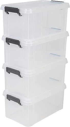 Iris Ohyama, Caja de Almacenaje de Plástico con Tapa, 6L, Juego de 4, Transparente, Clips de Cierre, Asa, Apilable, Organización Sólida y Duradera, Para Dormitorio, Garaje, Oficina, MBX-6