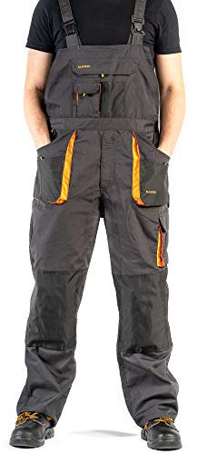 ART.MAS Classic Bib and Brace Dungaree Overalls, Pro Wear Workwear, S-3XL Size - Multipockets, Pocket For Knee Pads, Durable Triple Stitched Seams, 2 colors (32/34-50EU, Grey-Orange)