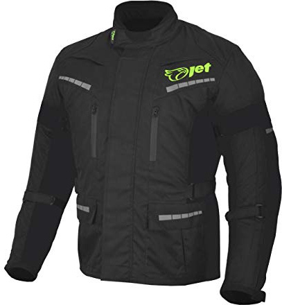 Jet Black Fluro Textile Motorcycle Motorbike Jacket Waterproof CE Armoured (Full Black, Medium (38 - 40))