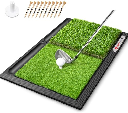 SAPLIZE 25 x 17 Golf Hitting Mat with Ball Tray, Heavy Rubber Base, Fairway & Rough Turf (Golf Tees and Rubber Tee Holder Included), Portable Golf Practice Mat for Indoor& Outdoor