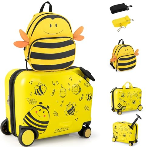 RELAX4LIFE Set Valigia Cavalcabile/Trolley per Bambini 18‘’ con Zaino 12‘’, 4 Ruote Girevoli, Maniglia Retrattile 56cm, 2 Cingie Multiuso, Zaino: 26x30cm/Trolley:47x26,5x36,5cm (Giallo)