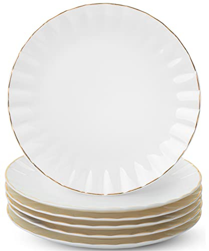BTaT- White Dessert Plates, Set of 6, 8 inch, White Porcelain with Gold Trim, Small Plate, Small Appetizer Plates