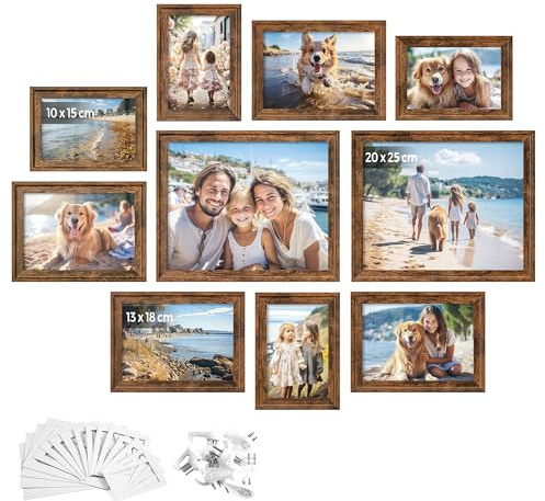 SONGMICS Marcos de Fotos con 16 Alfombrillas, Juego de 10 Marcos de Cuadros, Dos 20x25 cm, Cuatro 13x18 cm, Cuatro 10x15 cm, Colgar o Mostrar, 12 Clavos, Marrón Rústico