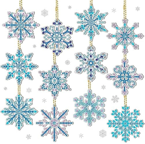 12pcs Snowflake Diamond Painting Keychain,Double Sided Snowflake DIY Full Drill Rhinestone Pendant by Numbers,Mosaic Art Craft Painting Keyring Decoration,Diamond Art Key Chain Kits for Key,Handbag