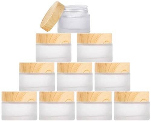 ToKinCen 10 contenitori in bambù da 5 ml, trasparenti in vetro, per cosmetici, creme in polvere, mini candele, balsamo per labbra (colore chiaro)