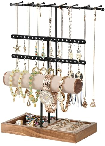 Rubessia SchmuckstäNder, Schmuck Organizers mit Ringbasis, Schmuckhalter, Schmuckaufbewahrung mit 38 Löcher Ohrringhalter, KettenstäNder, für Ringe, UhrenstäNder, Armbandhalter (A)