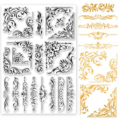 INFUNLY Sellos de esquina de flores para hacer tarjetas de 8.3 x 11.7 pulgadas, patrón de borde, sello transparente, sello de goma de hojas, sellos transparentes de silicona para manualidades, álbumes