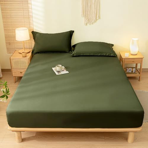 Menkala Spannbettlaken 180x200cm Grün Olivgrün Uni Einfarbig Matratzenschoner Super Weich Polyester Mikrofaser Spannbetttücher Bettlaken Spannbetttuch für Matratzen Topper bis 25 cm