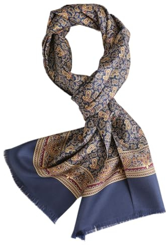 Prettystern Hommes long élégant Double Épaisseur classique business festif pure soie écharpe franges courtes bleu Paisley AB04