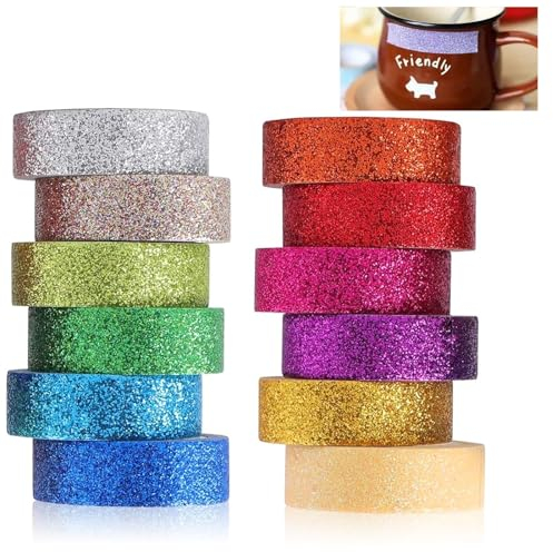 Rumgug Washi Tape Set, Glitzernde Dekoratives Klebeband Bunte Glitzernde Bänder DIY Papier Tape, Glitzer Funkelnd Dekoratives Bunt Masking Dekrativer Bastelband für DIY (12 Rollen)