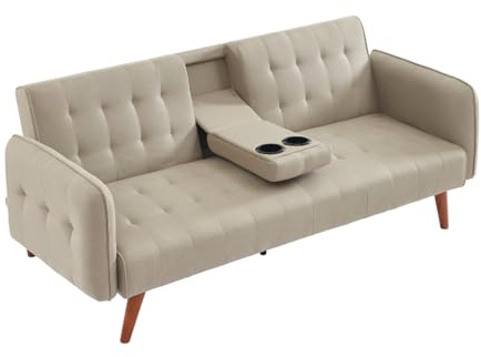 CONCEPT USINE | Canapé 3 Places Convertible Inverness Beige | Design Moderne en Lin | Tablette Centrale Intégrée | Lit Couchage 181 x 97 cm | Piètement Bois d’Hévéa | Compact, Élégant et Fonctionnel