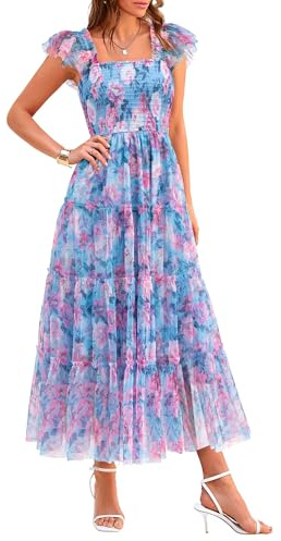 PRETTYGARDEN Women's Summer Tulle Midi Dress Sleeveless Smocked Ruffle Flowy Mesh Dresses Party Wedding Guest Sundress (Floral Blue Pink,X-Large)
