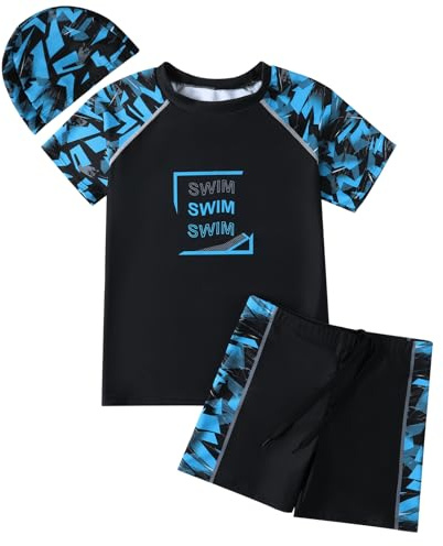Hotfiary Boys Swimming Costume, Big Kids Swim Trunks & Short Sleeve Rash Guard Shirt & Swim Cap, Two Piece Swimsuit T-Shirt Short Set, Summer Bathing Suit Swimwear for 6 7 8 9 10 11 12 13 14 15 Years