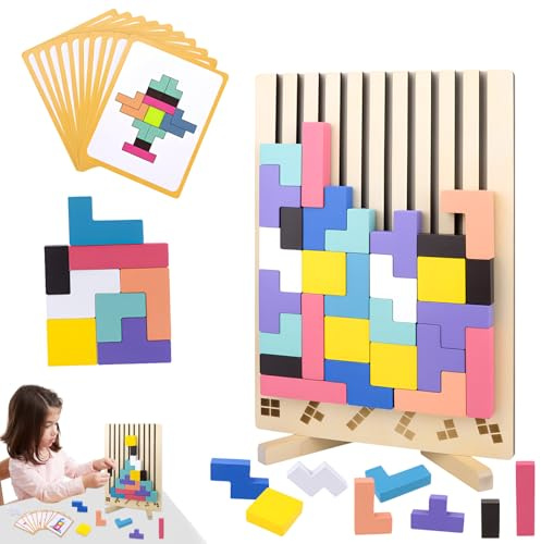 Dandin Wood Stacking Puzzle Toy, 3D Montessori Wooden Stacking Toys with 10 Cards, Educational Gift, Montessori Toys 3D Blocks Interactive Board Game Block Puzzle Game, Easter Gifts