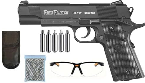 Pack Pistola Aire Comprimido Gamo Red Alert RD-1911 Blowback CO2 – Calibre 4.5mm BBS – Incluye Funda, Balines, Gafas Protectora, y 5 Bombonas CO2 - Pistola Airsoft