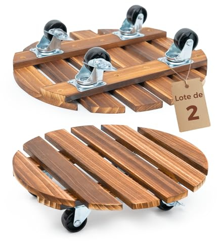 Bamworld Carrello per Piante in Legno con Ruote girevoli, Set di 2 Supporti per vasi Rotondi, Base Mobile per Interni ed Esterni, Resistente e Facile da spostare