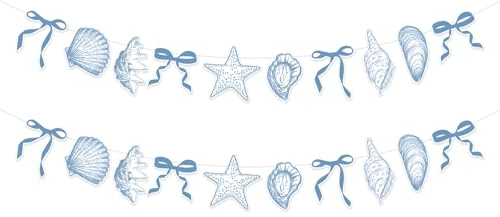 2Pcs Blue Bow Starfish and Shell Banner, Beach Bachelorette Party Decorations Seashell Party Decor, Exquisite & Beautiful Hanging Garland Decorations for Summer Birthdays Weddings